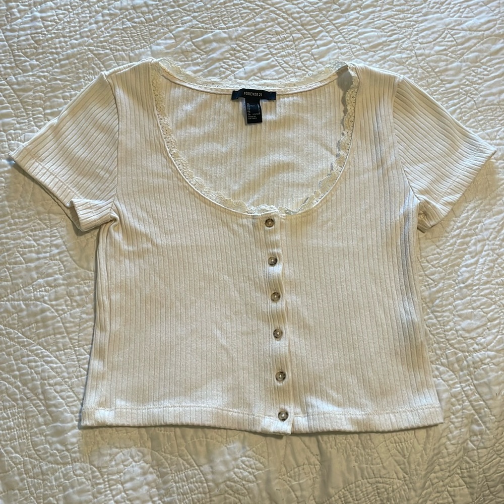 White Coquette Button Up Ribbed Tee with Ruffle Lace
